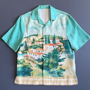 Zara Tuscan Village Print Camp Collar Shirt | Size M | European Italian Resort